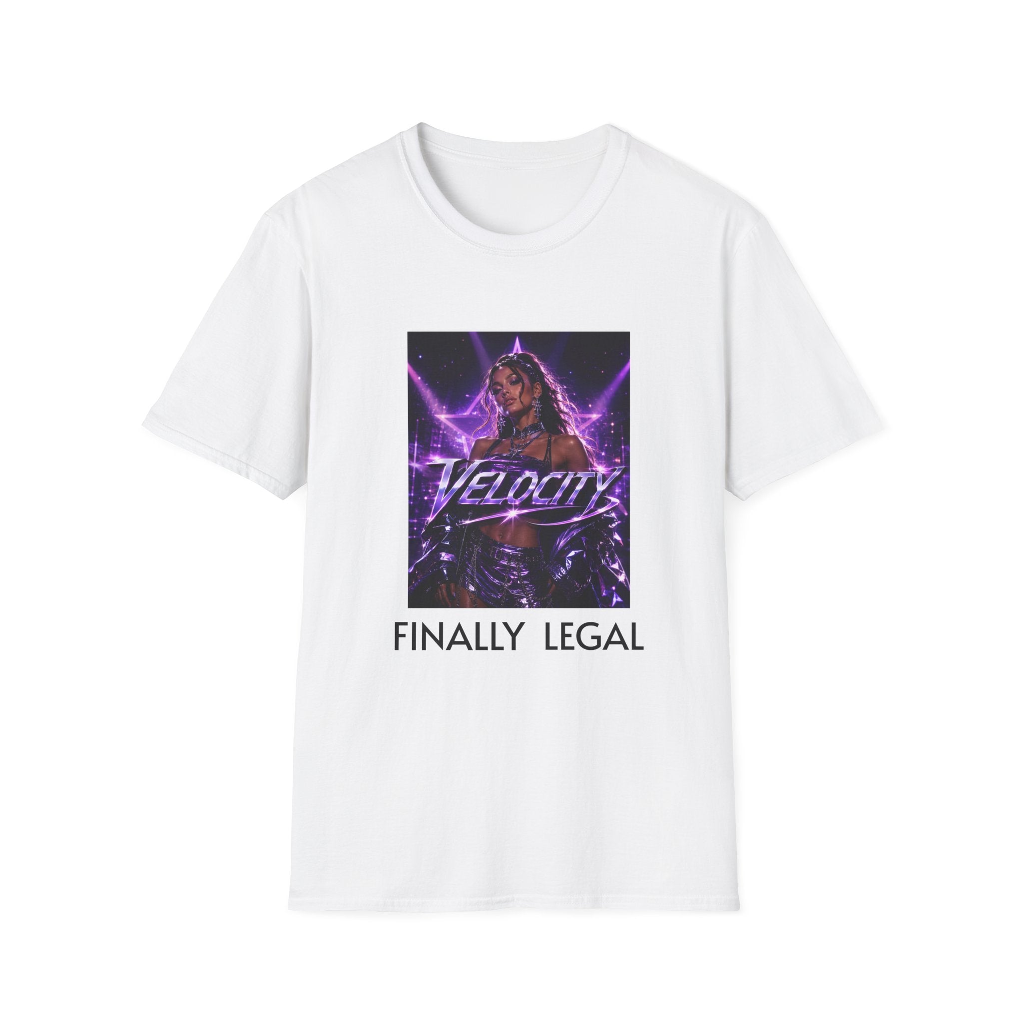 Velocity Graphic T-Shirt — "Velocity" Neon Retro Pop Star Tee (Finally Legal Variant)
