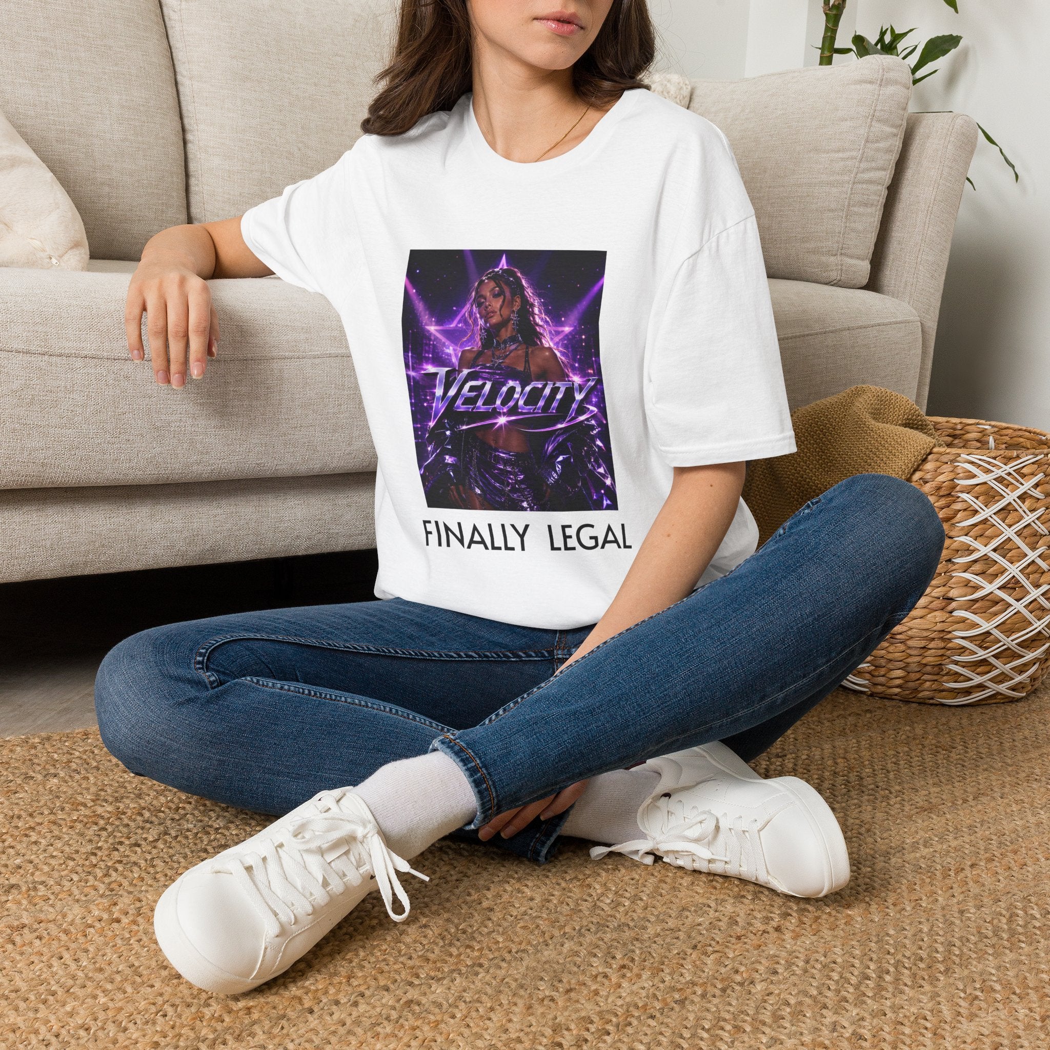 Velocity Graphic T-Shirt — "Velocity" Neon Retro Pop Star Tee (Finally Legal Variant)