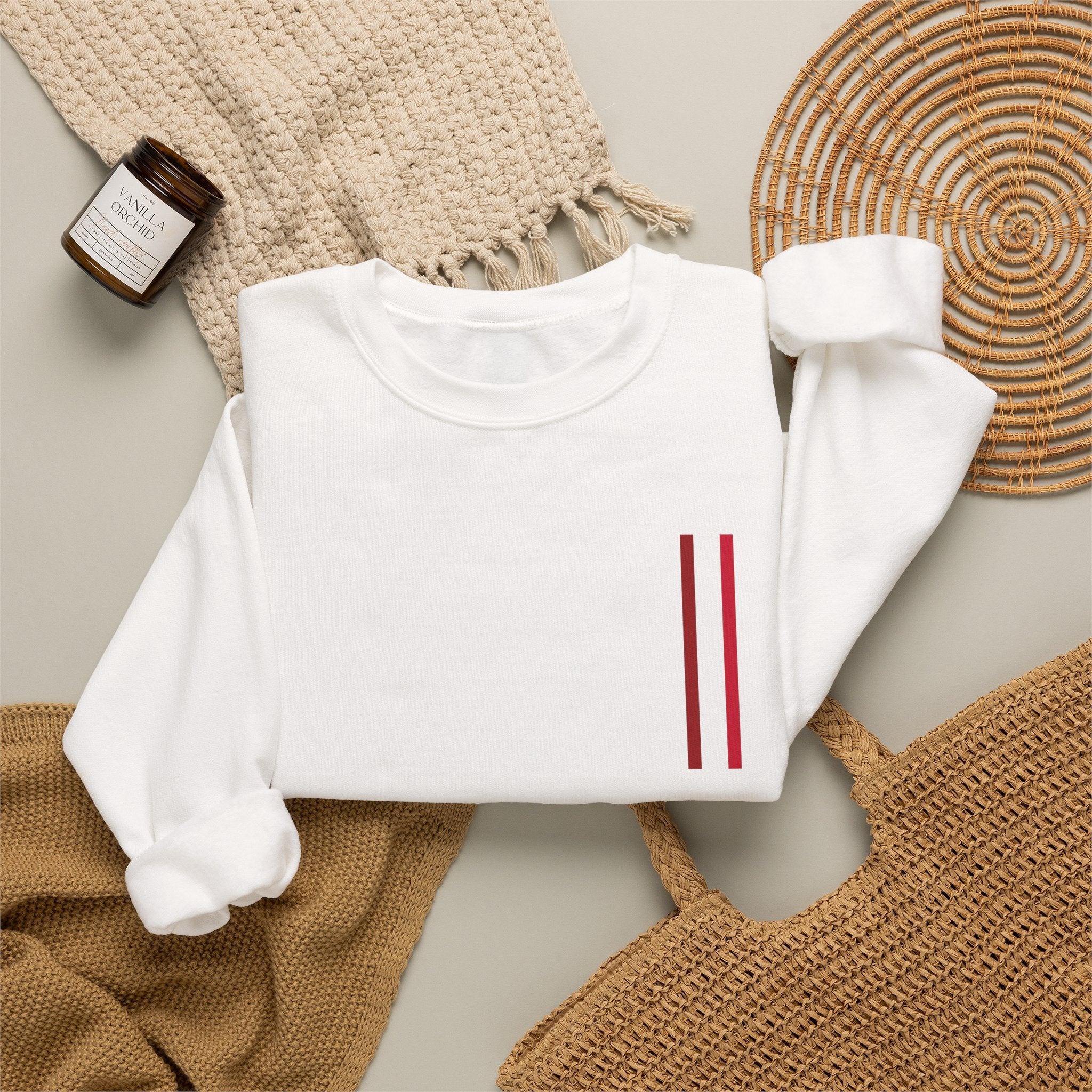 Mr Fook - Minimalist White Sweatshirt with Red Double Stripe Pocket Accent